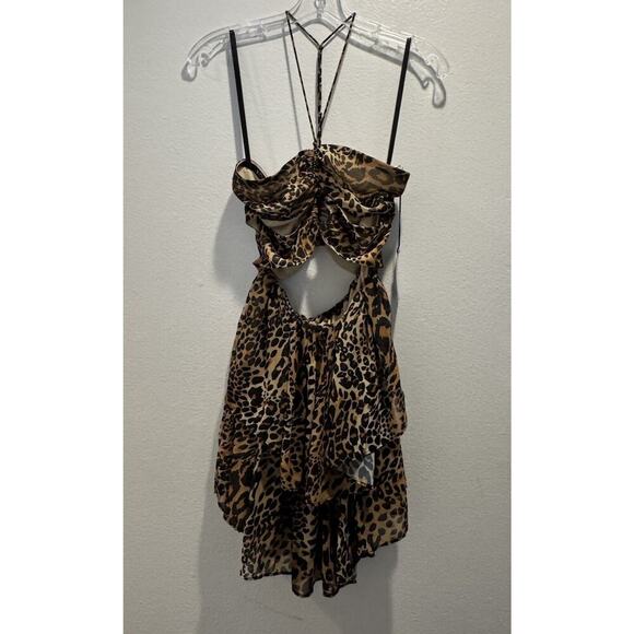 LPA Mini Dress Women’s Size Small Kirby Print Ruffle Halter Safari Lillia Leo - Picture 1 of 9